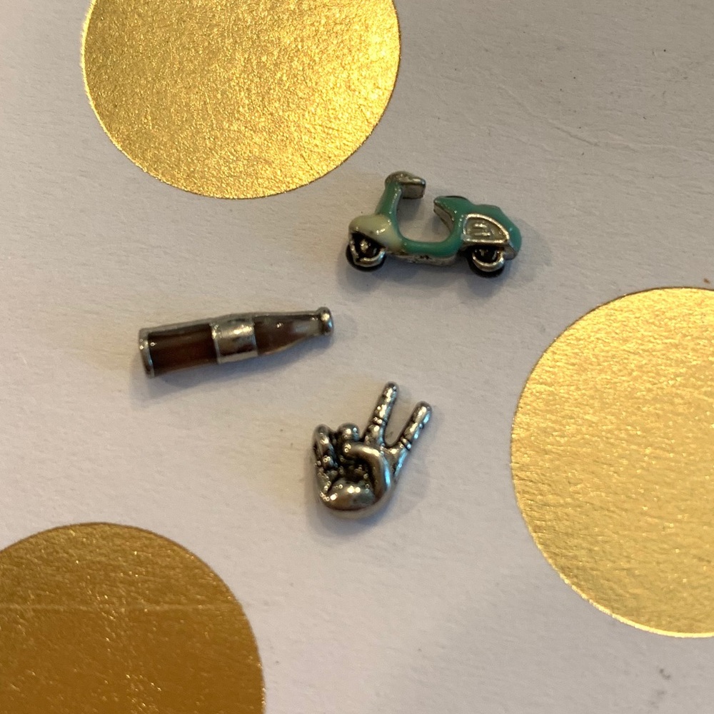Origami Owl scooter, soda bottle, peace charms